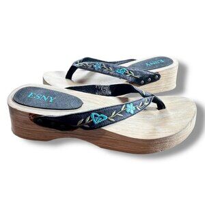 Y2K Wooden Platform Floral Embroidered Flip Flop Sandals